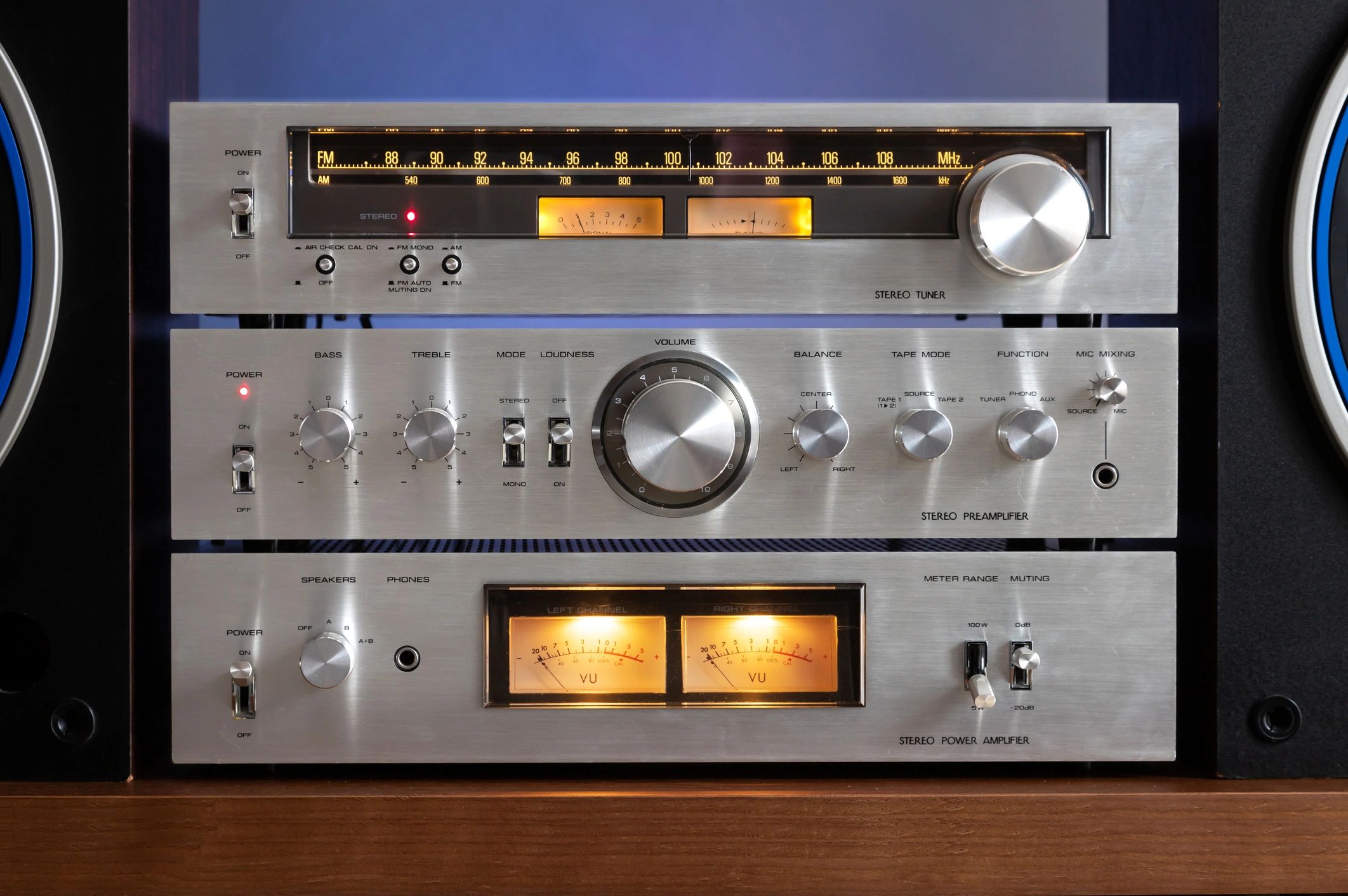 Close-up of vintage stereo components front panel