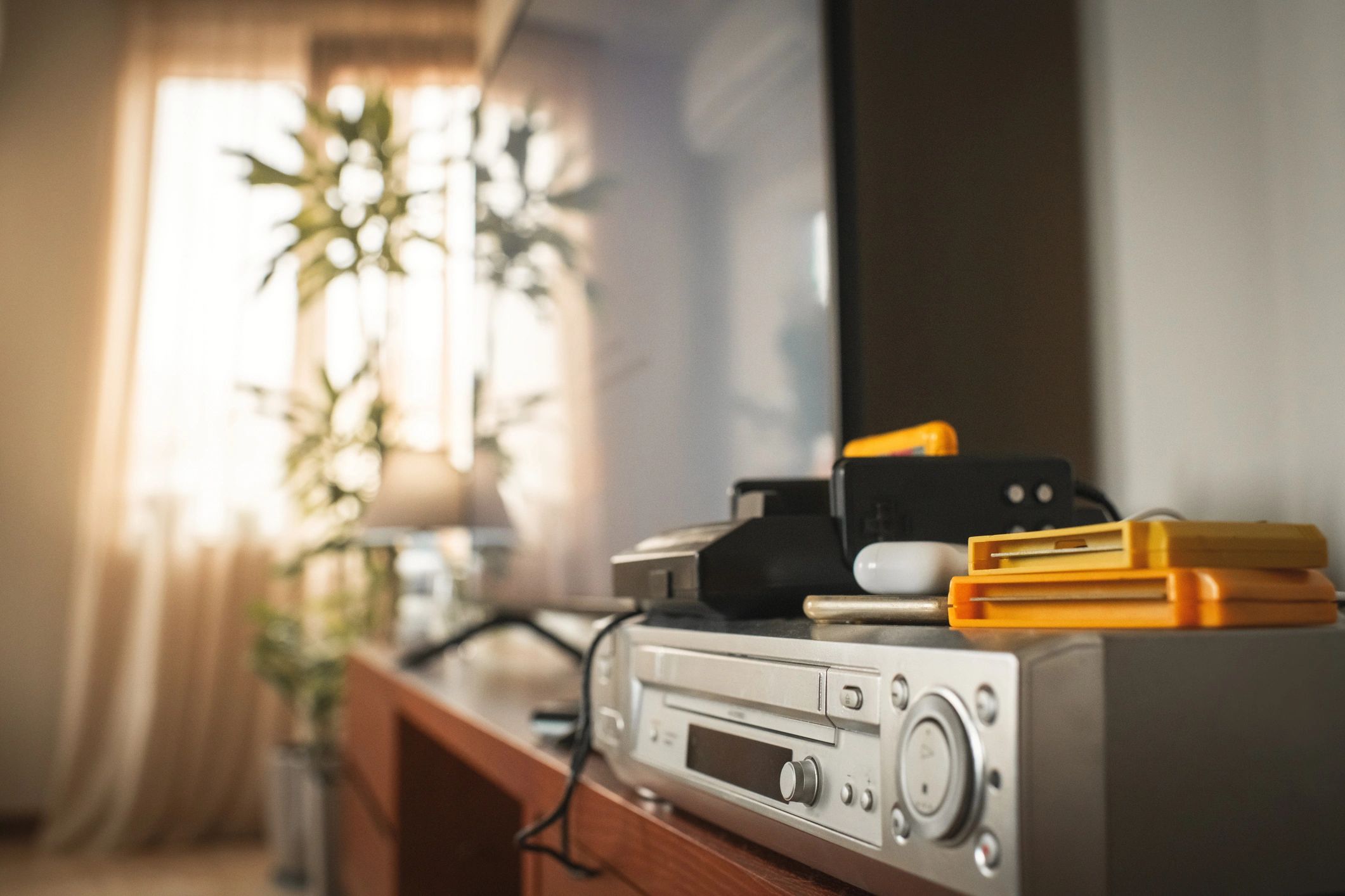 Retro video equipment setup with VCR and television
