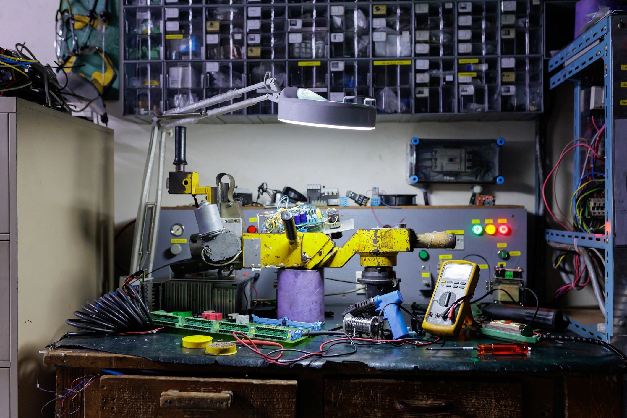Electronics workbench with tools and components